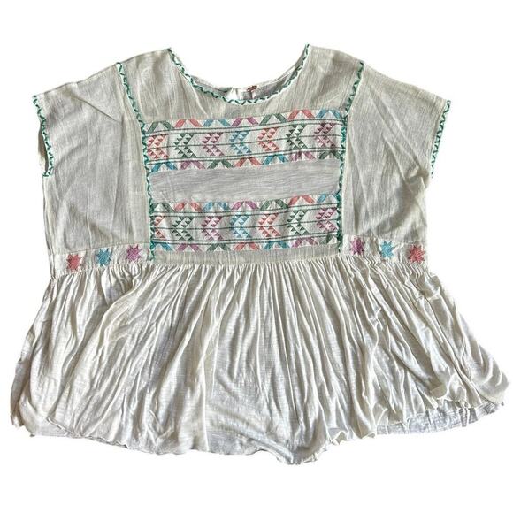 Free People Boho Aztec Pastel Embroidered Flowy Shirt Oversized Size XS - Picture 1 of 6